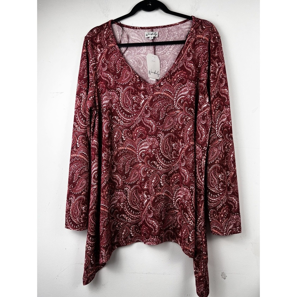 Wonderly Plus‎ Womens 1X Burgundy Paisley V-Neck Sharkbite Hem Top NWT WN1Y144W